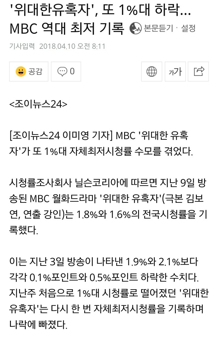 '위대한유혹자', 또 1%대 하락…MBC 역대 최저 기록 | 인스티즈